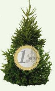 Tekening van kerstboom met 1 euro munt