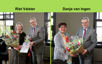 Collage twee foto's Riet Valster met burgemeester en Danja van Ingen met burgemeester