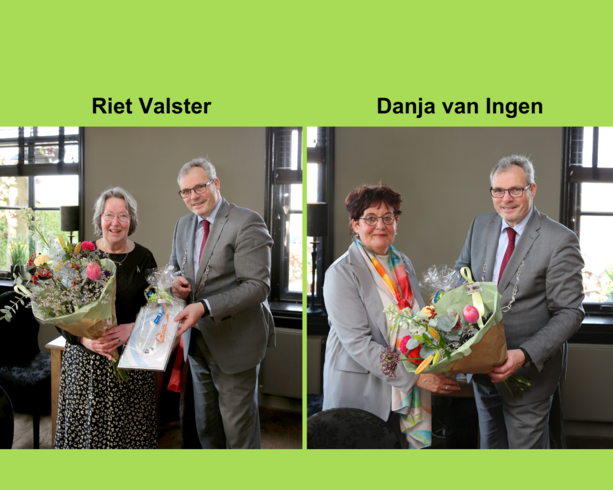 Collage twee foto's Riet Valster met burgemeester en Danja van Ingen met burgemeester