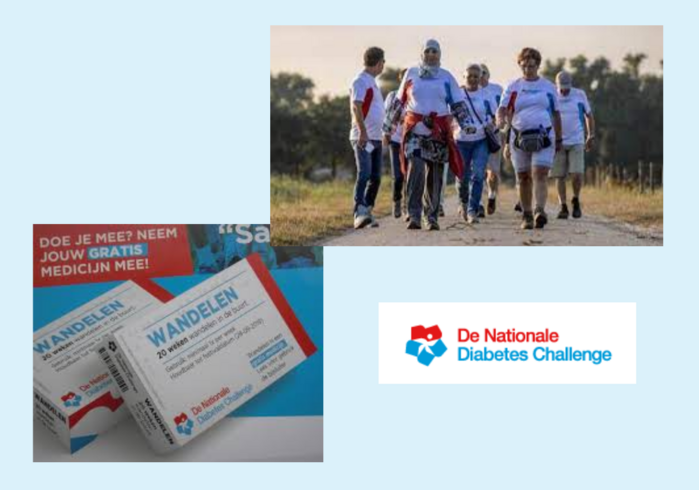 Plaatje met wandelaars, doosjes die wandelen als medicijn moeten voorstellen en logo diabetes challenge